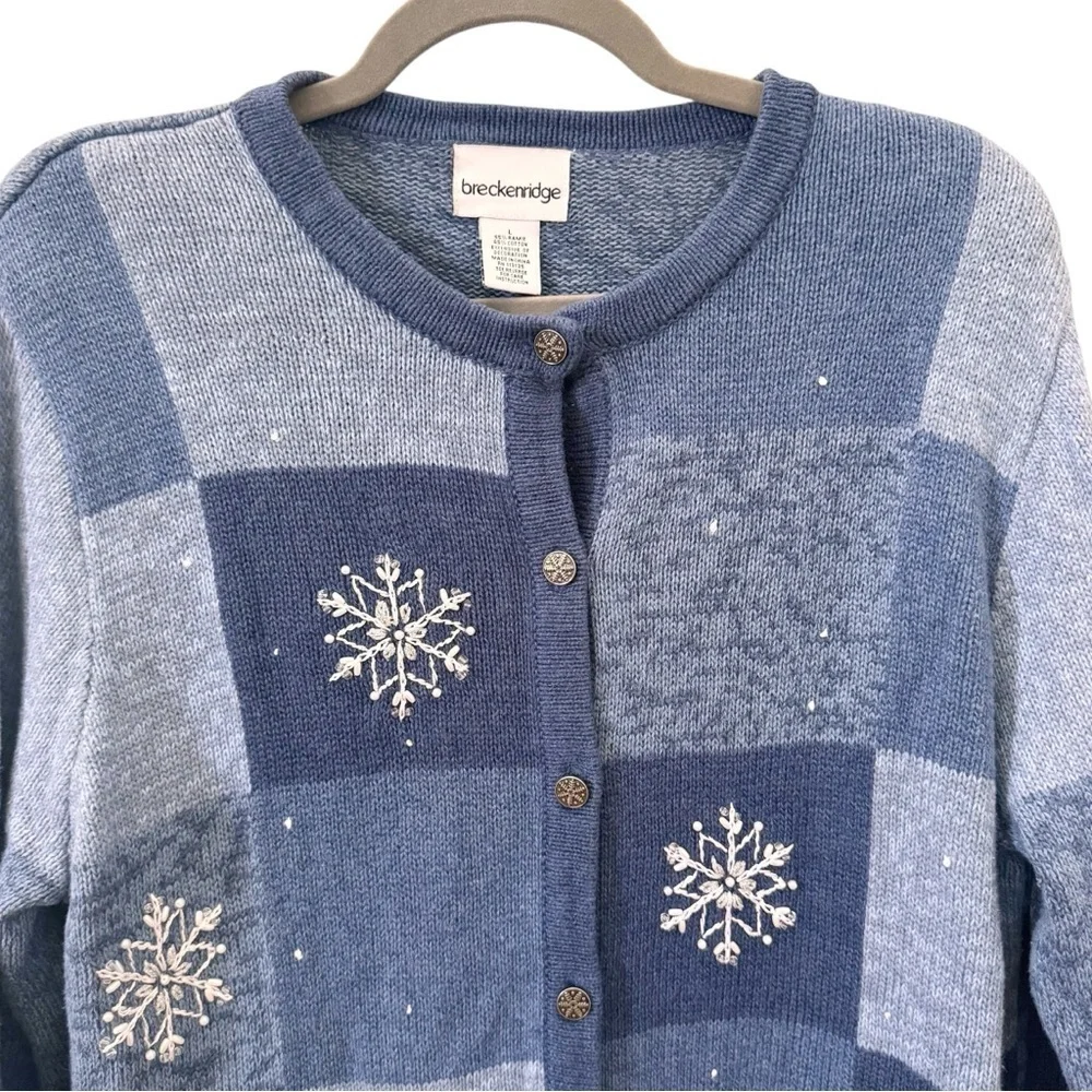 Vintage Breckenridge Snowflake Blue Sweater Cardigan Winter Holiday Size L - Picture 2 of 7